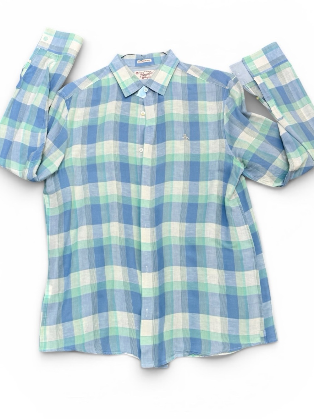 Penguin by Munsingwear Light Blue & Mint Plaid Button-Up Linen Shirt Size L